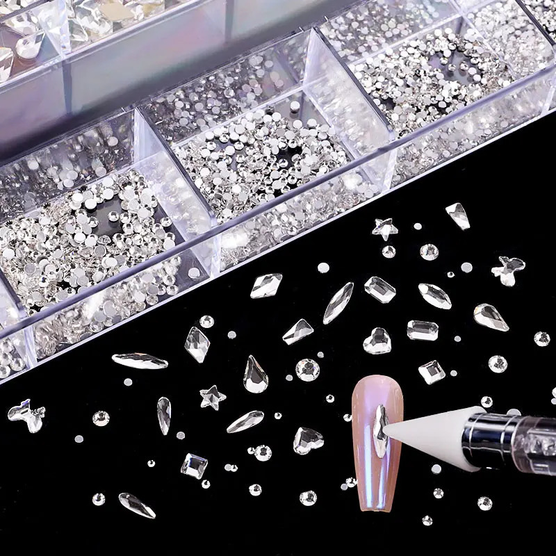 2500pcs Glass Crystal Diamond Flat Rhinestone Nail Art Decoration 21 Grid Box Nail Accessories Set Comes with 1 Pick up Pen 241205