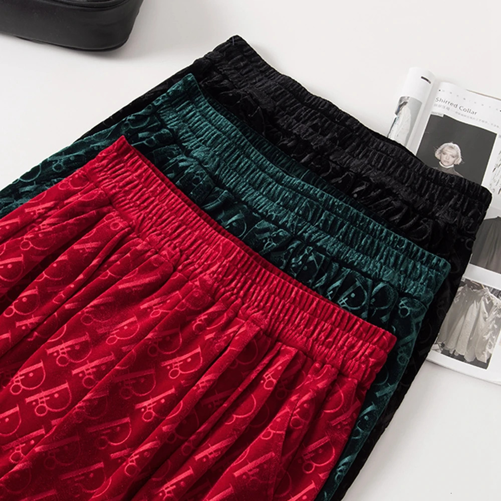 High quality red velvet Korean fashion Haren pants autumn and winter high waisted elastic waist casual womens pants 241202