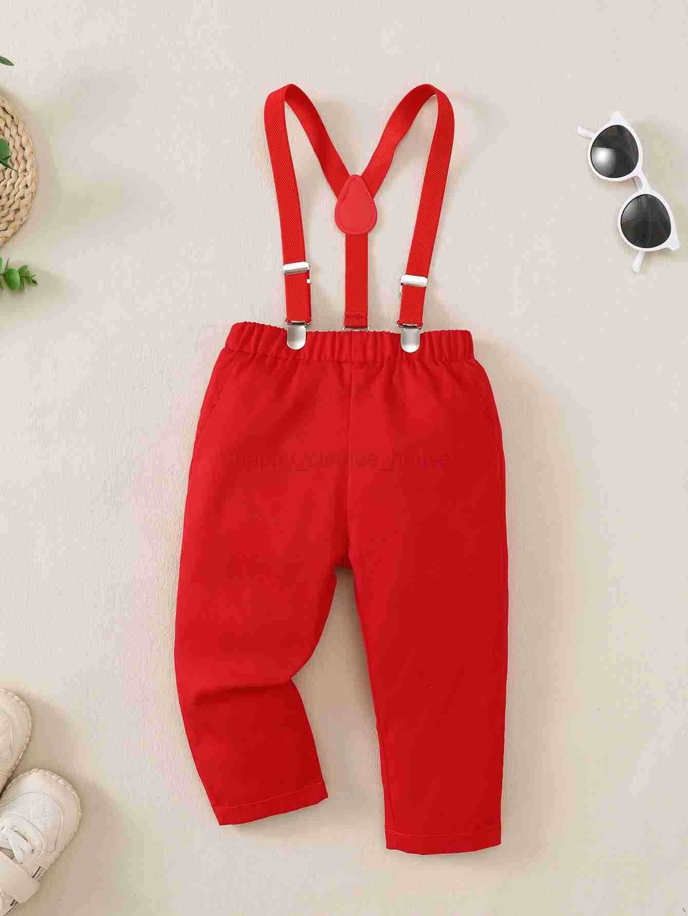 Baby Boy Gentlemans Dress College Sle Two-piece Set Small Feather Print Long-sleeved shirt + Strap trousers Little GentlemaXJ241205