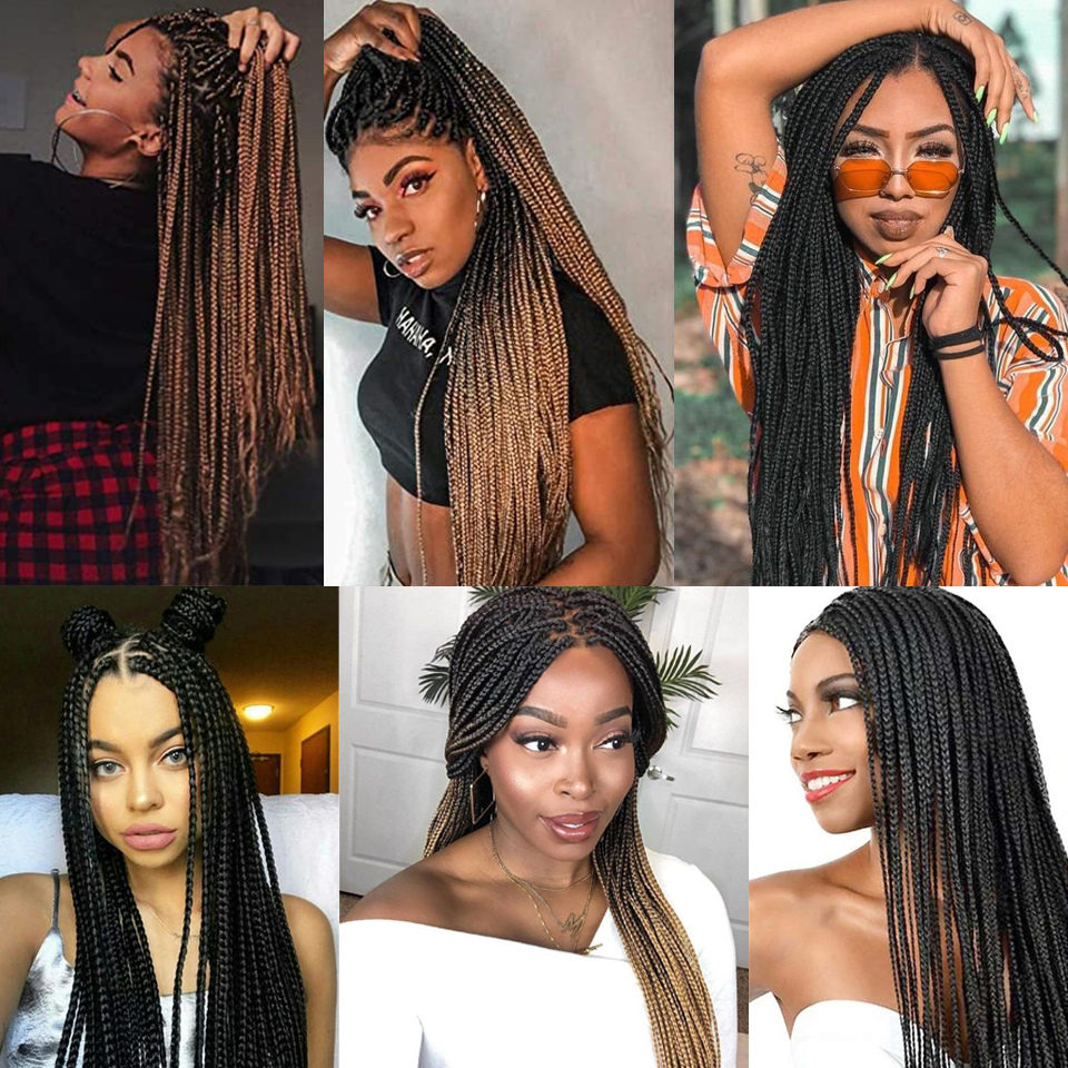 Wakego 26 Inch Ombre Box Wigs For Black Women Braided Fake Scalp Heat Resistant Braiding Hair Wig Peruca Sintetica
