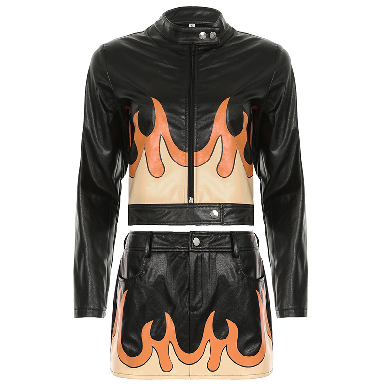 Two Piece Dress Y2K Winter Fire Faux Leather 2 Piece Set Festival Party Outfits Women 2024 Zip Up Bodycon Cropped Jacket+Matching Mini Skirt