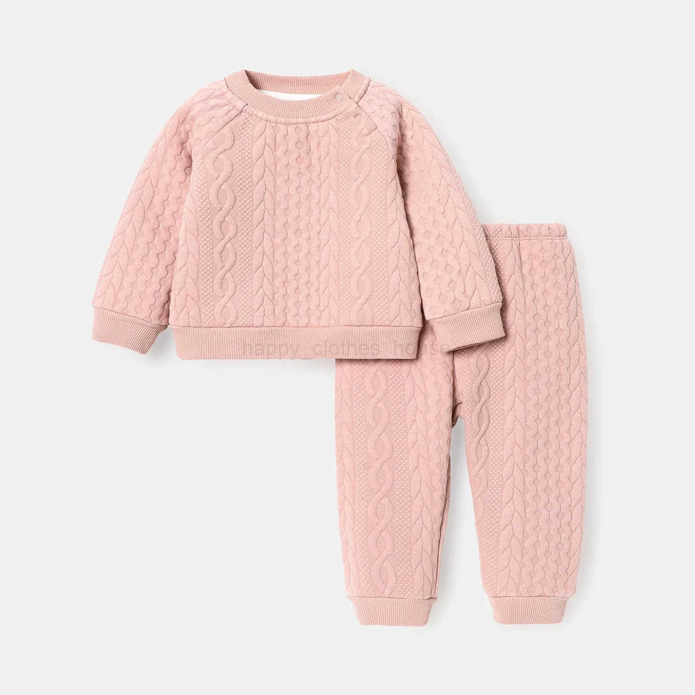 2pcs Baby Boy Solid Color Cable Knit Textured Long-sleeve Sweatshirt and Elasticized Pants Set Soft and ComfortableXJ241205