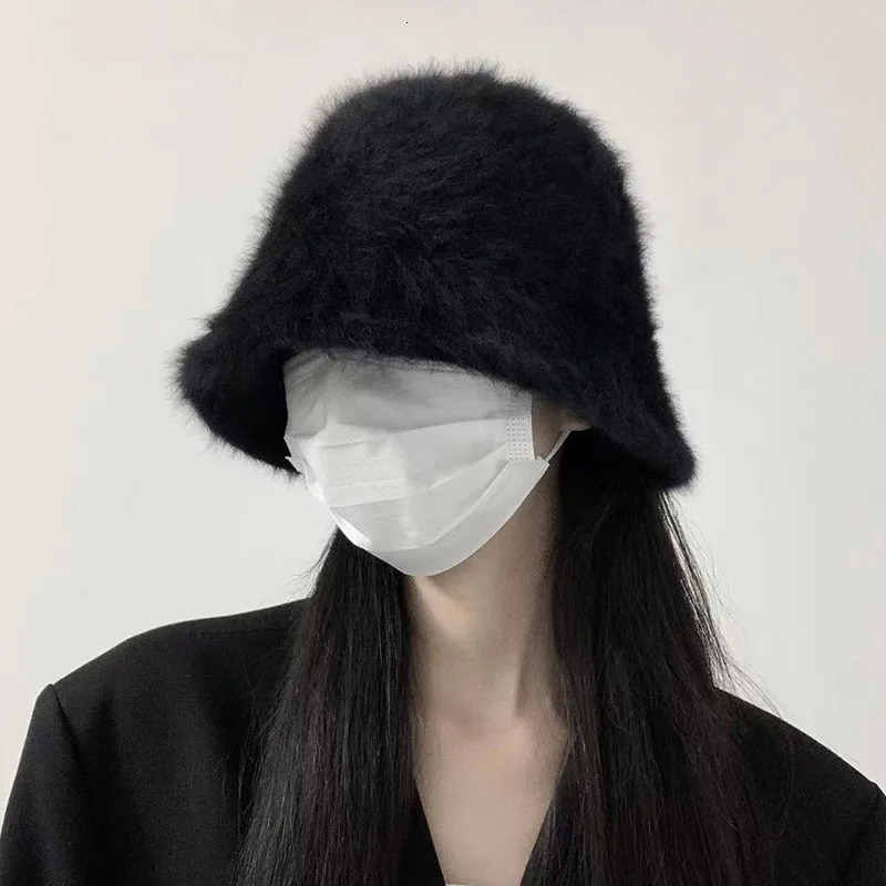 Elegant artificial rabbit fur bucket hat from South Korea for women warm and thick fishermans hat for autumn and winter Panama plush basin hat for wom