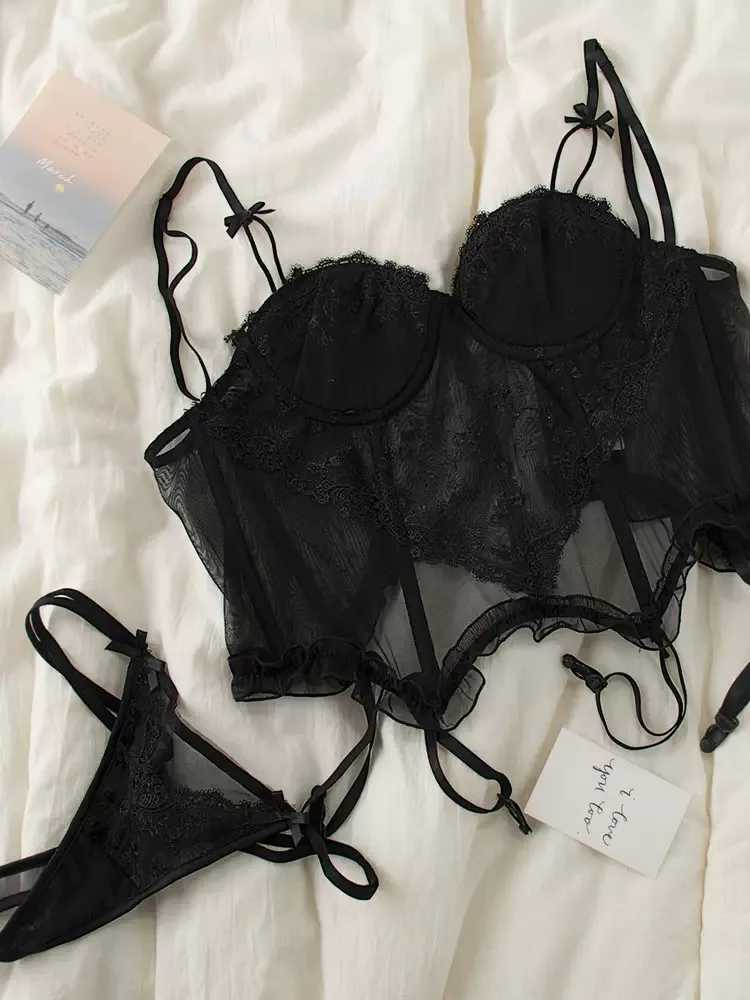 French Sexy Lingerie Embroidered Lace Corset Tops See Through Bra and Panty Set Underwear Pure Desire with Steel Rings BraletteXJ241205