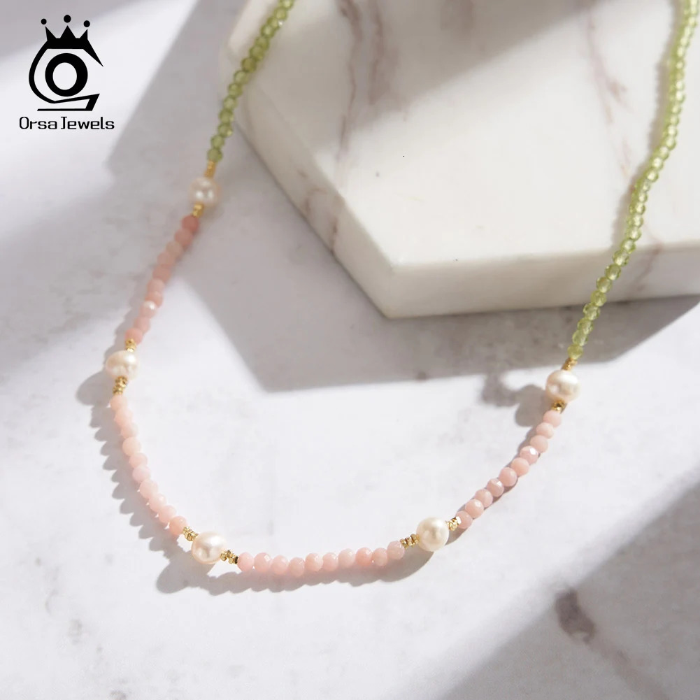 Orsa JEWELS 14K gold natural stone bead necklace Baroque pearl 925 pure silver stone necklace lobster clasp 241205