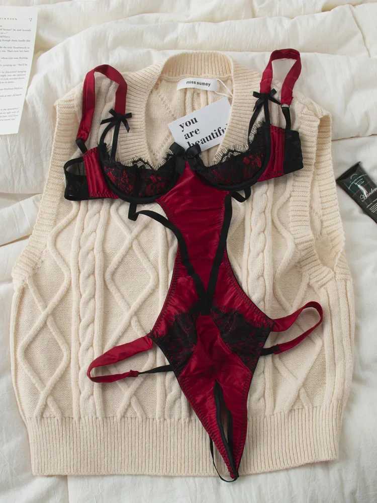 Palace style sexy bodysuit black color collision patchwork underwear one-piece lace edge lingerie setXJ241205