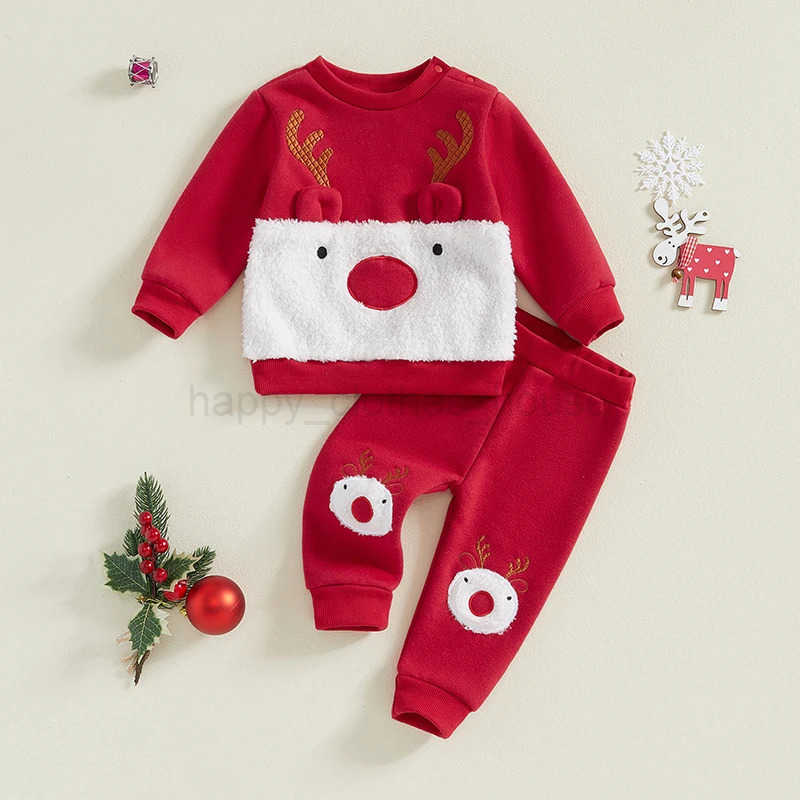 Toddler Baby Boy Girl Christmas Outfit Reindeer Fleece Lined Shirt Pants Set 2 Piece Infant Cute Winter ClothesXJ241205