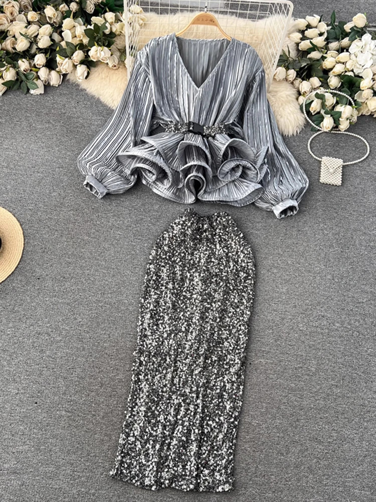 XFPV Women V-Neck Lantern Sleeve Ruffles Pleated Top Temperament High Waist A-line Skirt Two Piece Set Summer 2024 SM10901 241204