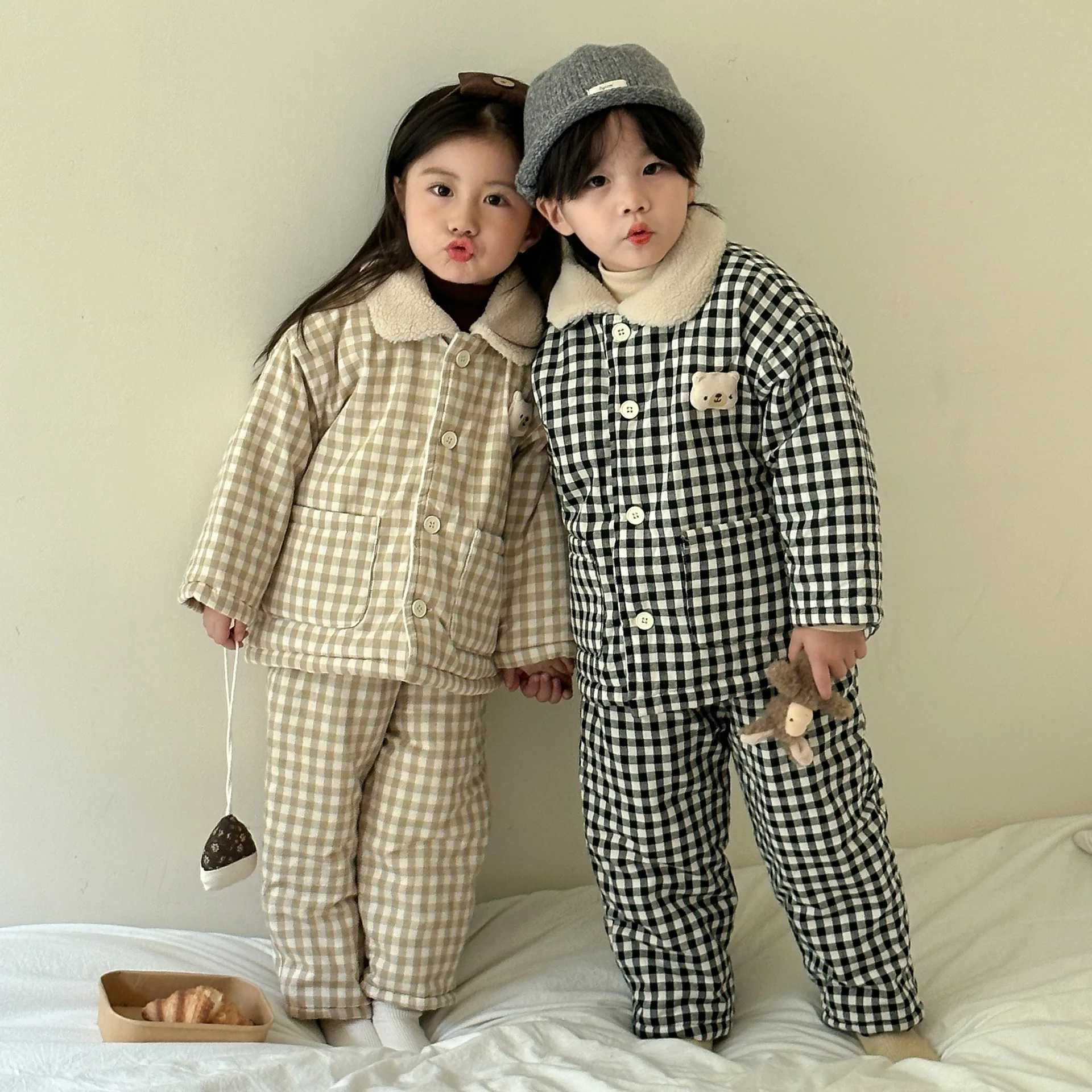 Pajamas Winter Childrens Boys Sleepwear Thick Warm Plush Three Layer Cotton Padded Plaid Baby Boys Pajamas Kids Boys Homewears Set H241205
