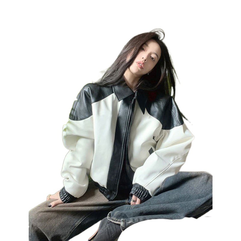 Women's Vintage Black White Contrast Splice Leather Jacket Female Spring Autumn Fashion Loose Design Long Sleeve Coat