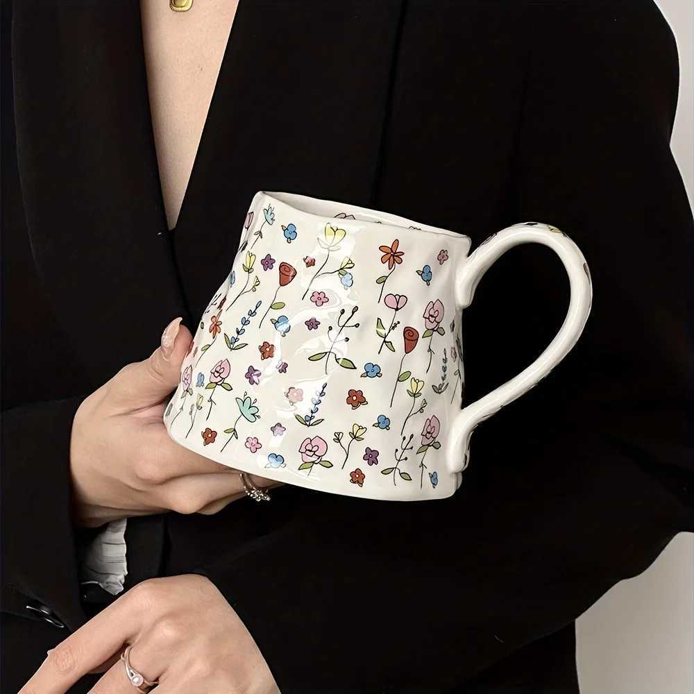 600ml/21oz Ceramic Coffee Mug with Floral Design Heat-resisting Water Cup Reusable Hot and Cold Beverages Ideal for Couples CupXJ241205