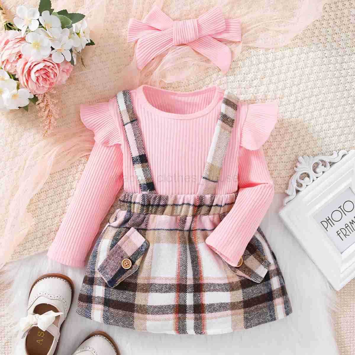 New Spring and Autumn Cute Girl Pink Long sleeved Top Casual Sling Dress Infant and Child Clothing SetXJ241205
