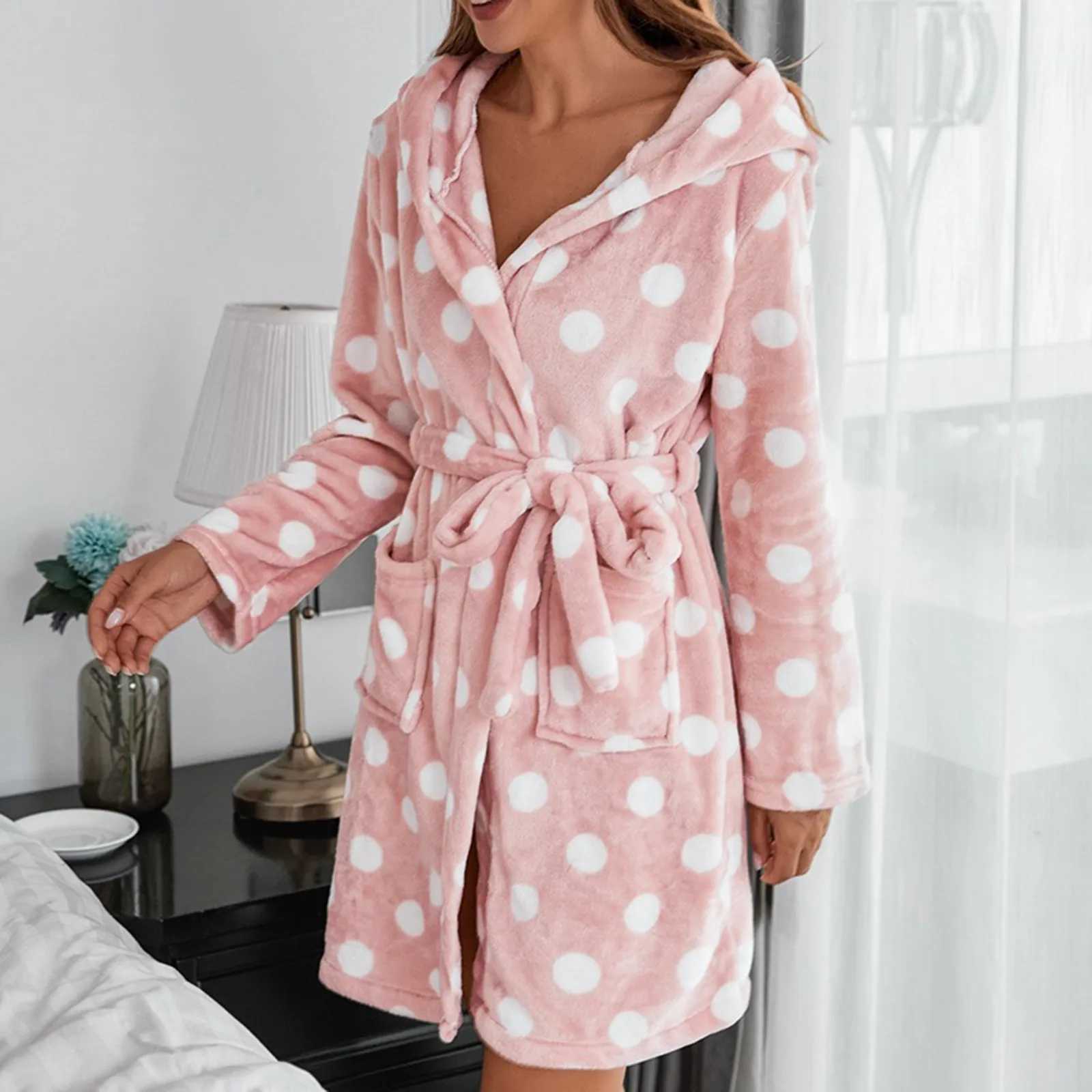 Womens bathroom Drstring waist hooded short night light home clothing womens polka dot printed casual clothing cardigan pocket W241204