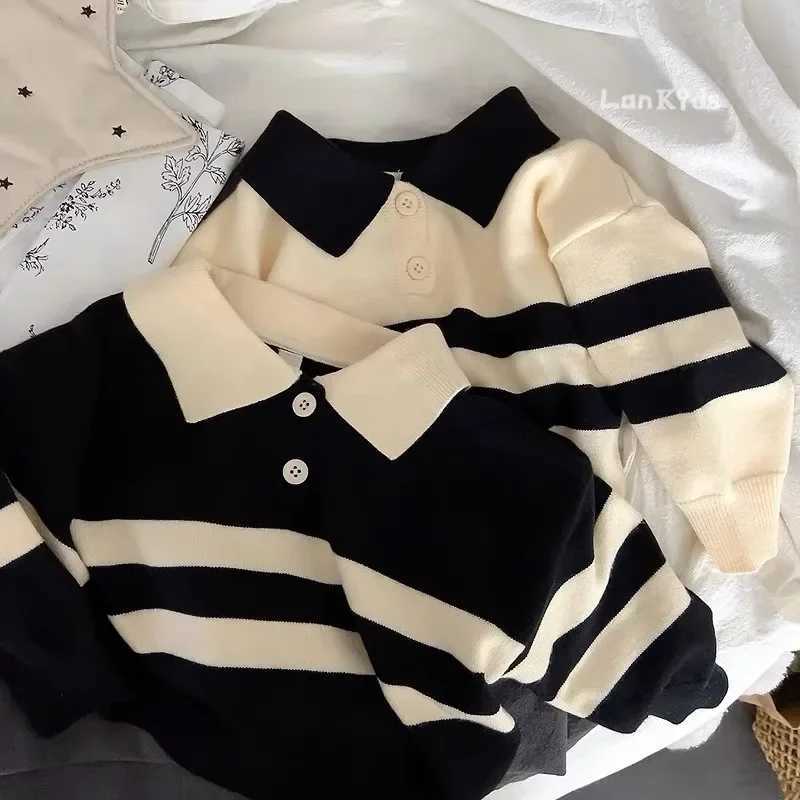 New Korean sled spring autumn childrens sweater boys and girls two-piece button striped lapel knit top casual fit slider W241205