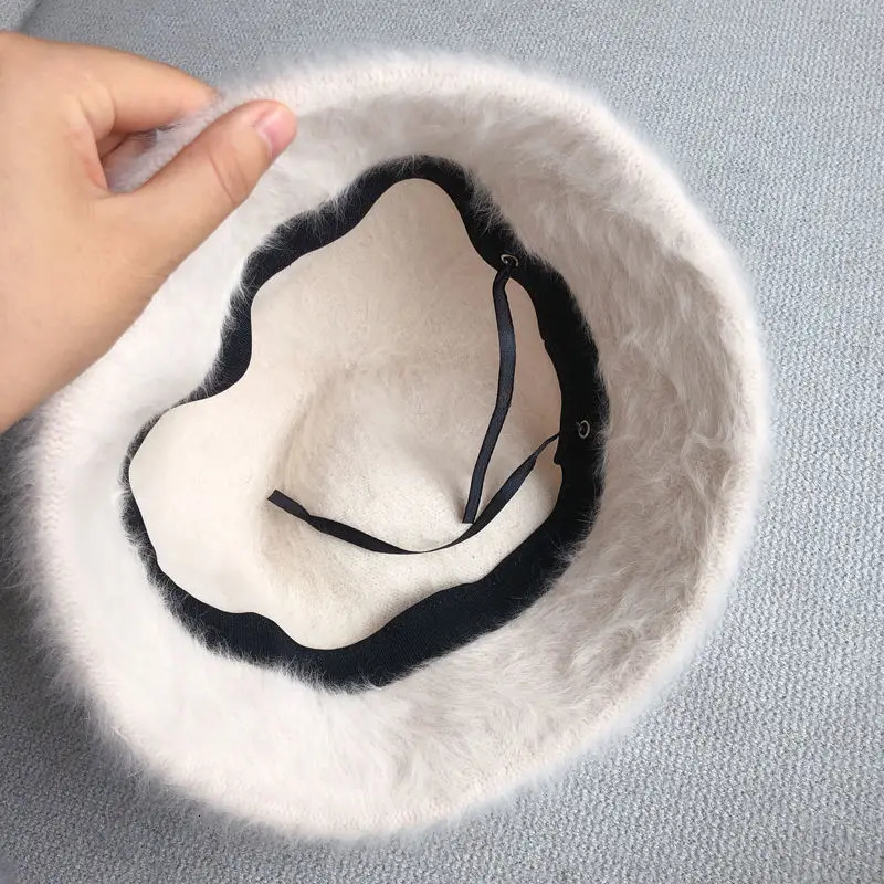Soft wool blended rabbit fur fisherman bucket hat womens autumn and winter retro basin hat cold resistant warm head gear in 7 colors 241205