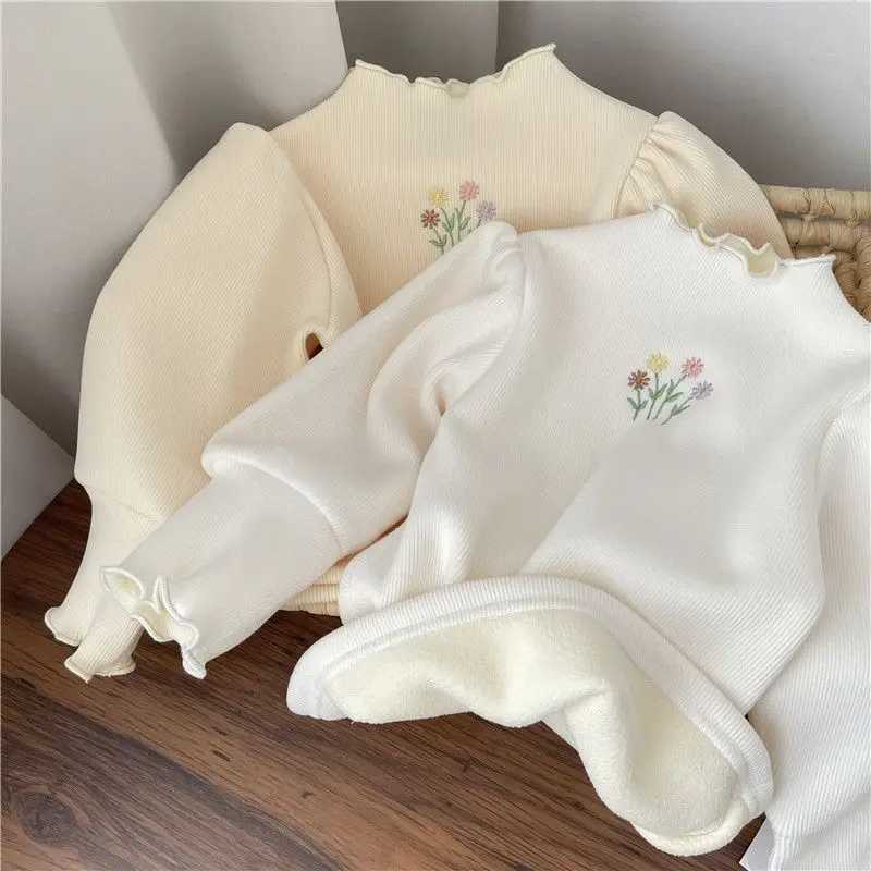 Baby Girl Winter Childrens Warm Thick Sweater Childrens Puff Sleeve Flower Embroidered Bottom Sweater 1-6 Years Casual Clothing W241205