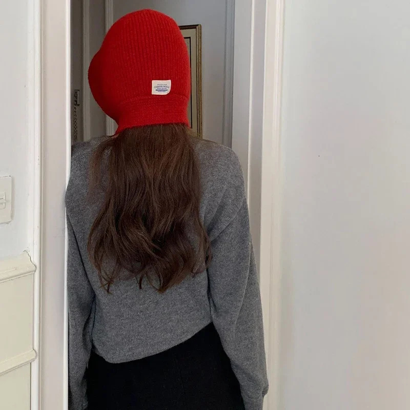 South Korean Balaclava Hat Winter Solid Label Hat Scarf Set Warm Thick Knitted Earrings Beanie Girls Year Accessories Gift 241205