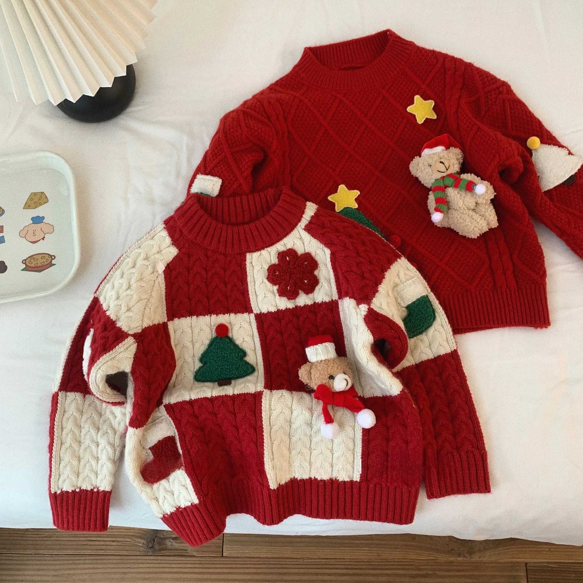 Autumn winter baby girl Christmas sweater cotton knit thick plain bear patch childrens sweater childrens knit W241205