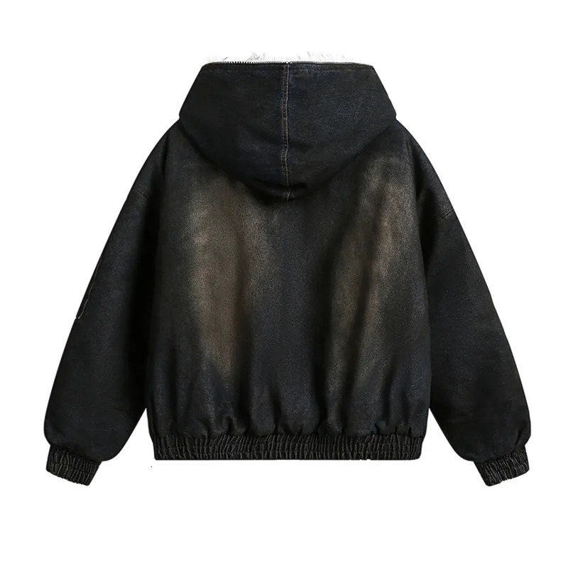 PFNW mens thick denim quilted padded jacket autumn and winter trends oversized fur collar hooded cotton padded jacket 241202