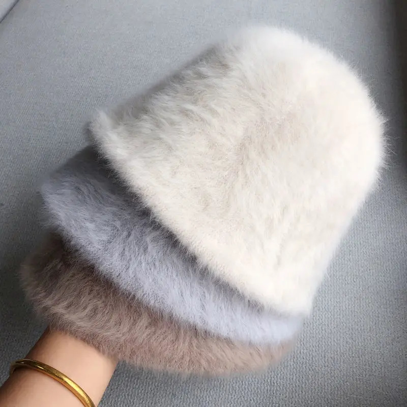Soft wool blended rabbit fur fisherman bucket hat womens autumn and winter retro basin hat cold resistant warm head gear in 7 colors 241205