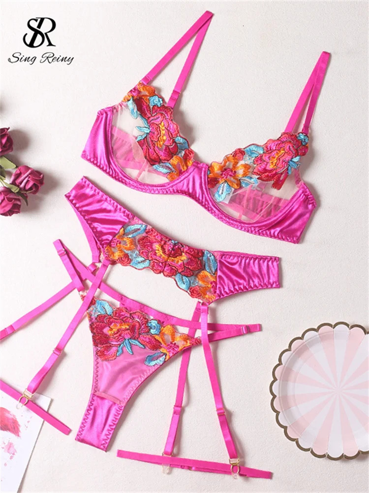 SINGREINY Sensual Embroidery Sheer Underwear Sets Erotic Skinny Backless Fashion Shapewear Floral Porno Sexy Bra Briefs Suits 241205
