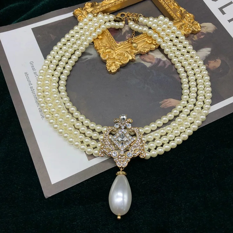 Multi layer glass pearl necklace with gemstone droplet pendant sweater chain earring set 241205