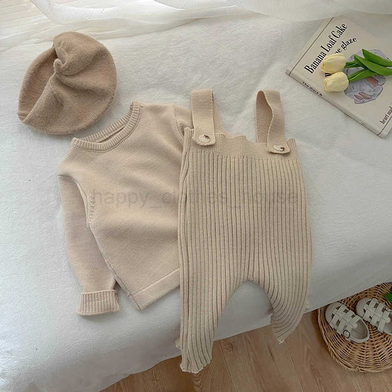 Autumn Newborn Baby Girl Baby Clothes With Solid Color Knitted Pants Girls Casual Pit Strap Pants Set Baby Outing ClothesXJ241205