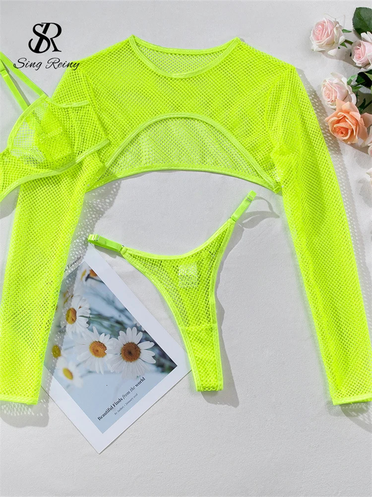 SINGREINY Mesh Porno Sexy Lingerie Sets Female Hollow Out Long Sleeve TopsMini Briefs Women Slim Short Sheer Underwear Suits 241205