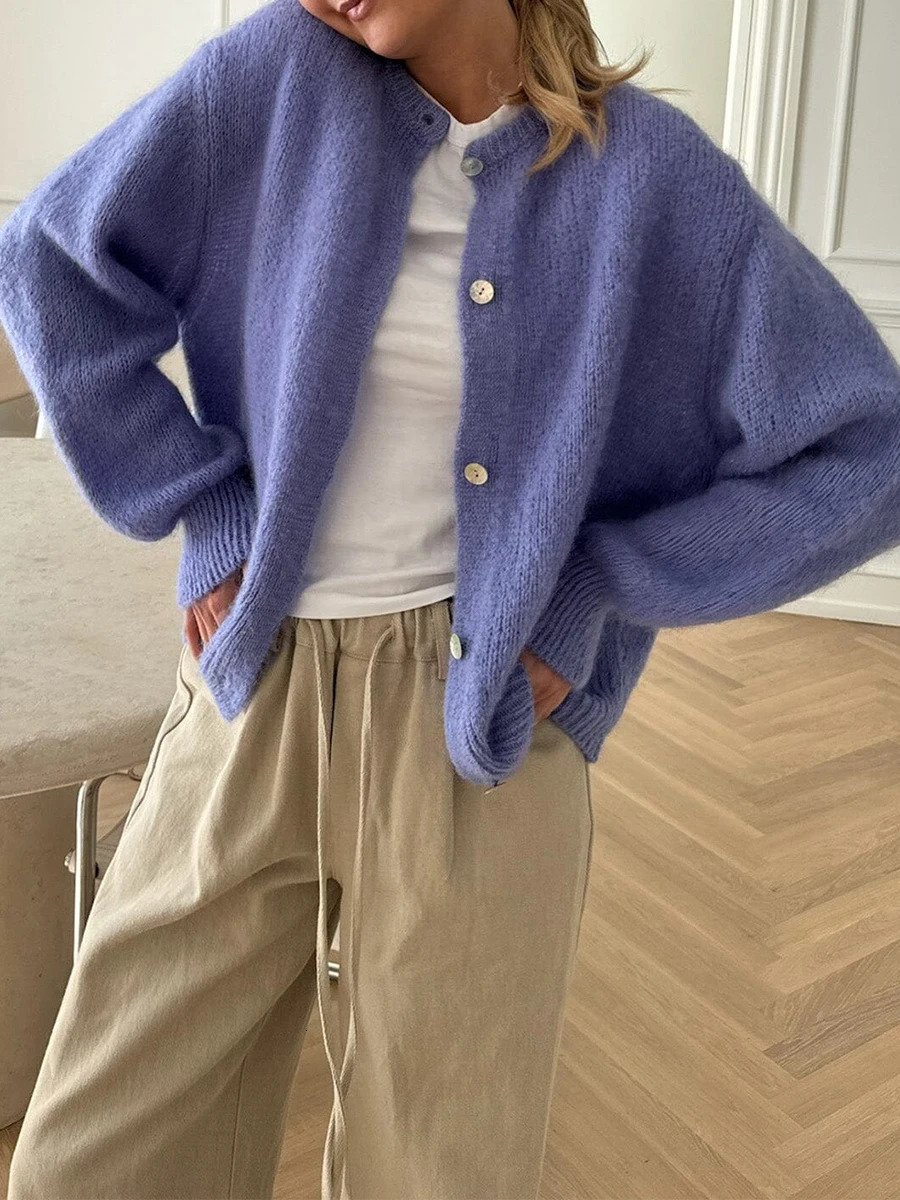 Women s Solid Color Cardigan Fuzzy Long Sleeve Button Down Sweater Soft Knit Tops Outerwear 241204