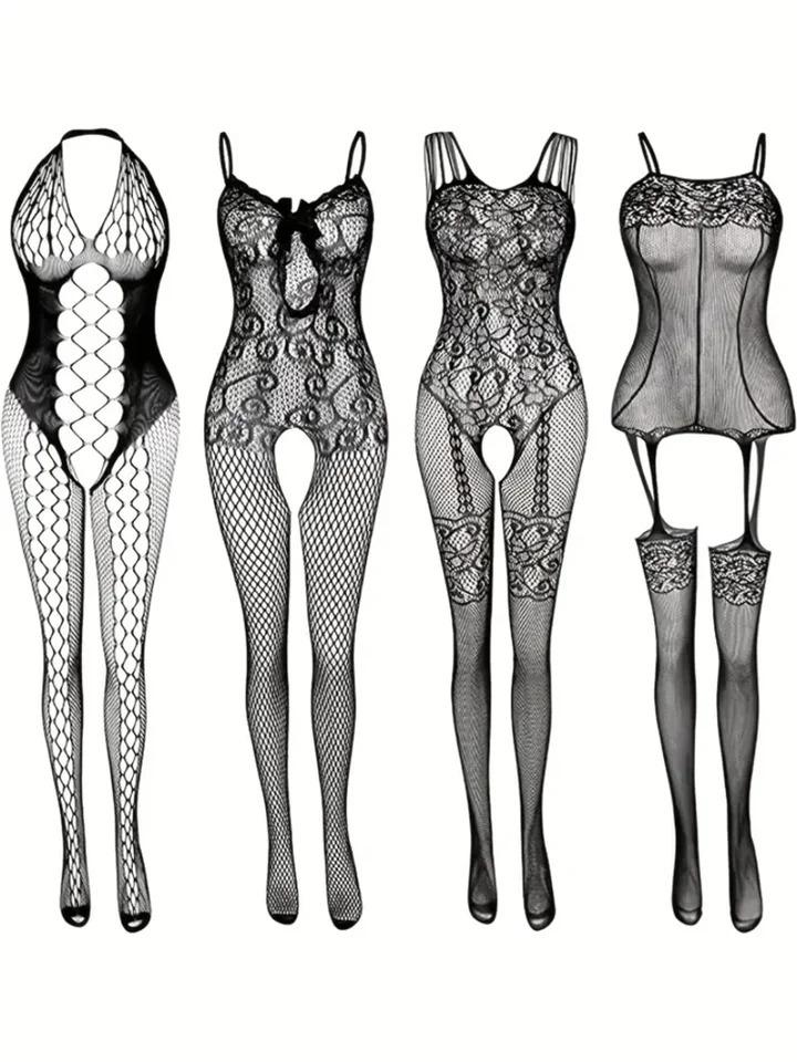 4 sets Sexy Fishnet Bodystocking with Open Crotch and Jacquard Womens Lingerie and Underwear Erotic Costumes Catsuit SM 241205