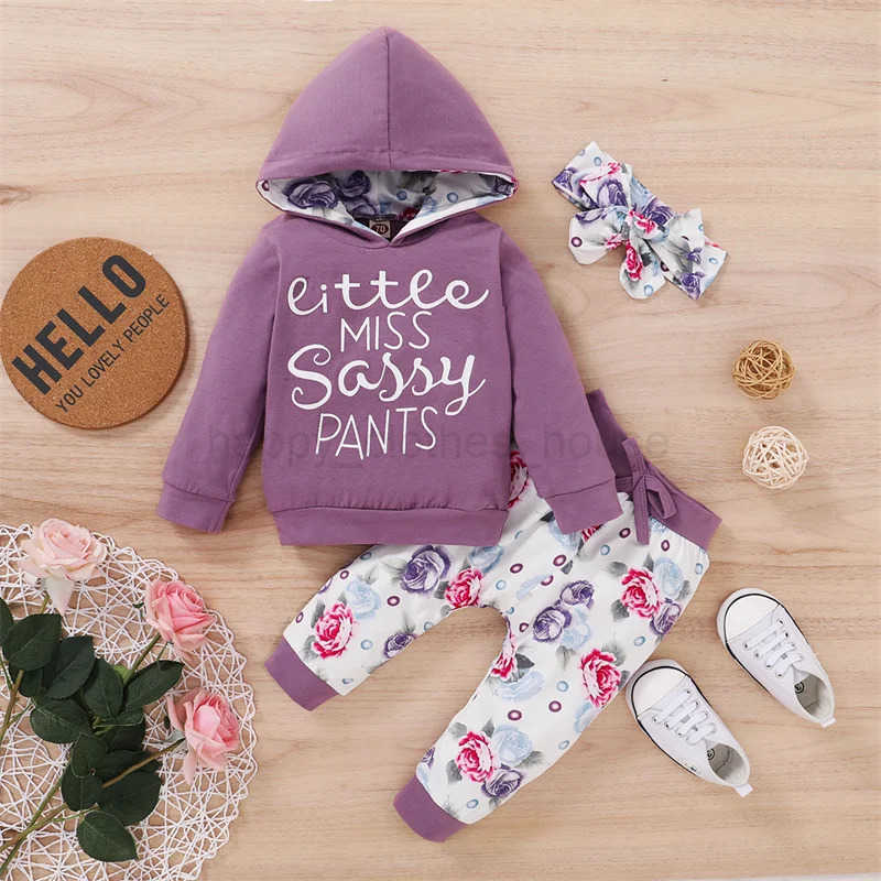 Autumn Baby Girl Outfit Letter Print Long Sleeve Hoodie Tops Sweatsuit Pants with Bowknot Headband Winter Outfit SetXJ241205