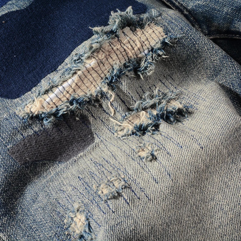 Summer Fashion Men Jeans Retro Blue Washed Elastic Patched Vintage Ripped Short Jeans Homme Hip Hop Denim Shorts Men 241205