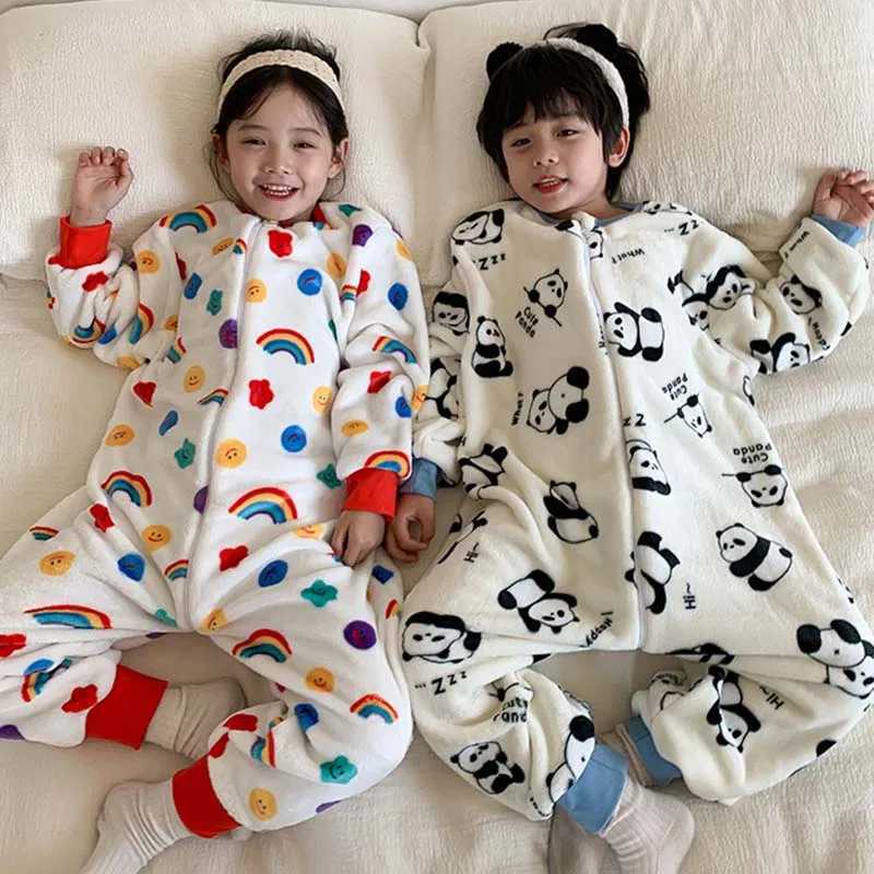 Pajamas kids winter plush pajamas children pandas bear sleepwear keep warm kigurumi for boys girls flannel Fleece sleeper bag costume H241205