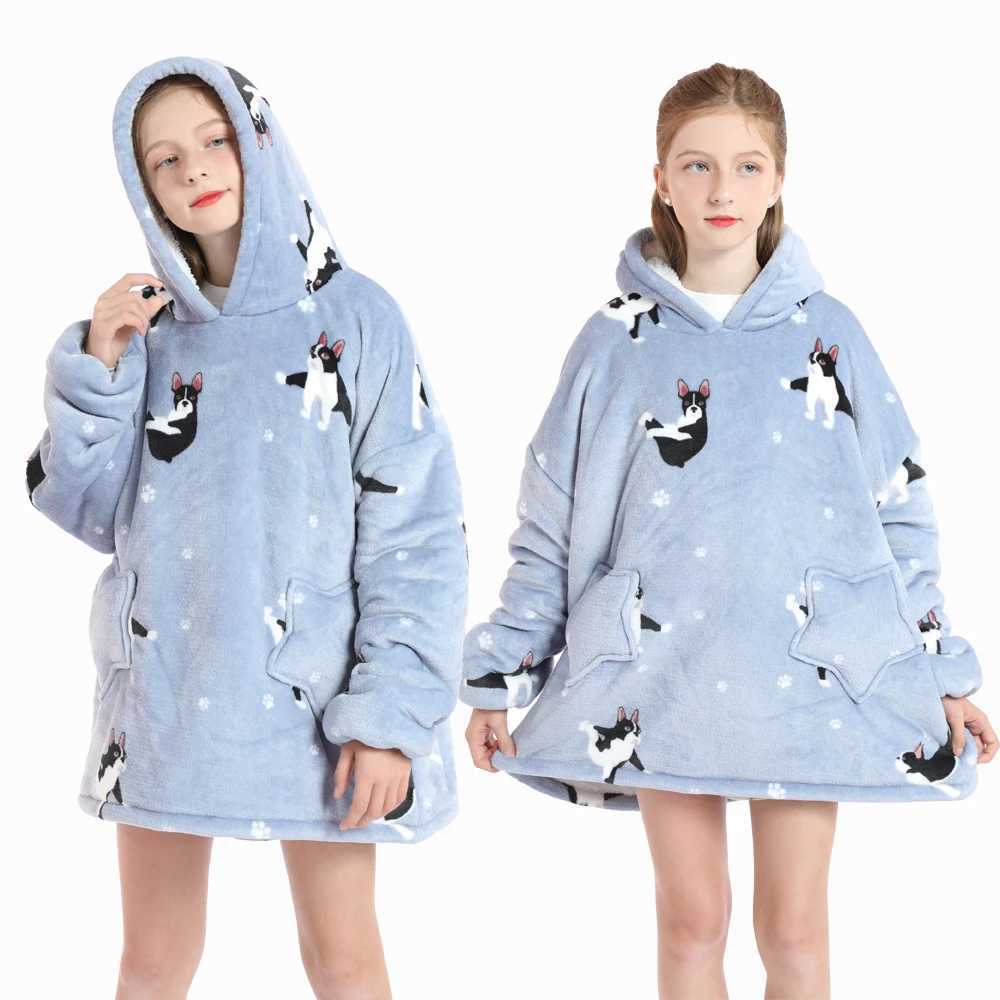 Pajamas 2024 Winter Kids Hoodies Girls Oversize Blanket Boys Cartoon Sweatshirts Thicken Plus Velvet Warm Tops Children Loose Clothing H241205