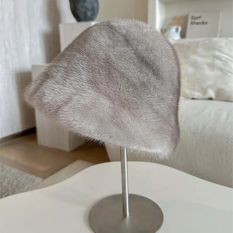 Customized winter mink fisherman thick hat for women warm and fluffy bucket hat 241205