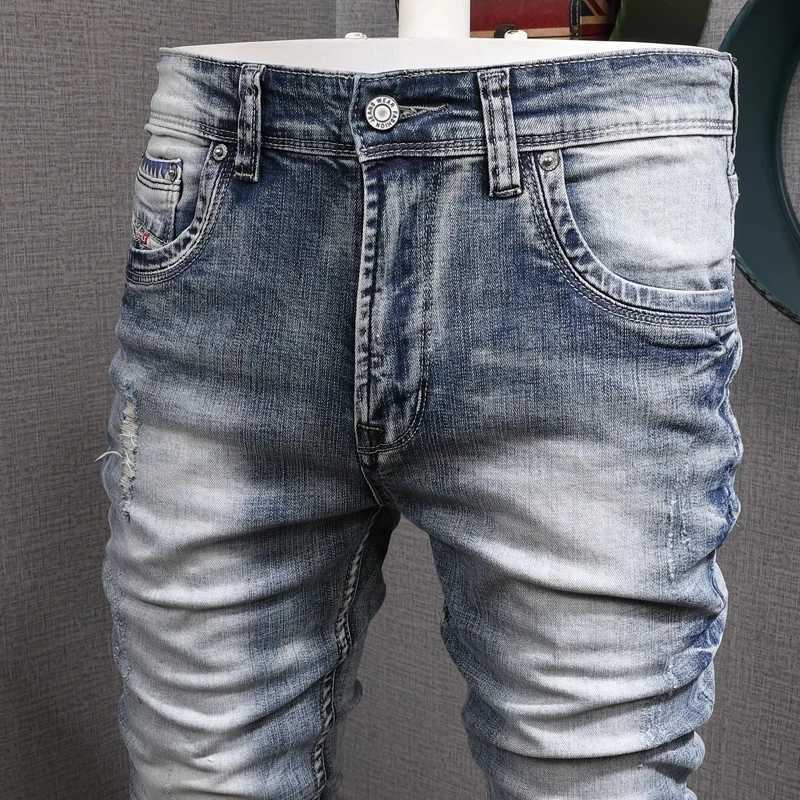 Fashion designer mens jeans retro light blue elastic slim print cracked jeans mens hole Trouser retro casual pants Hombre W241205