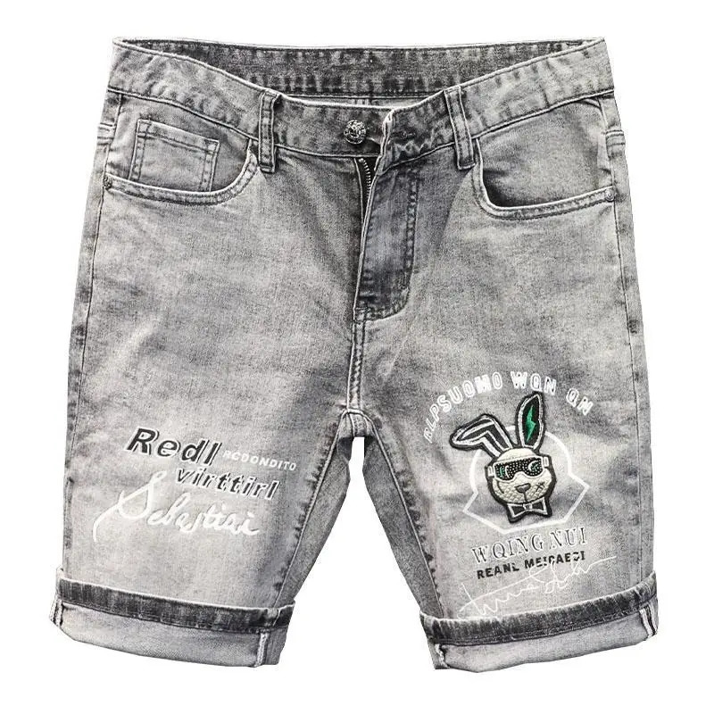Korean Fashion Kpop Mens Casual Streetwear Boyfriend Denim Shorts with Rabbit Embroidery for Summer Grey Short Jeans 241205