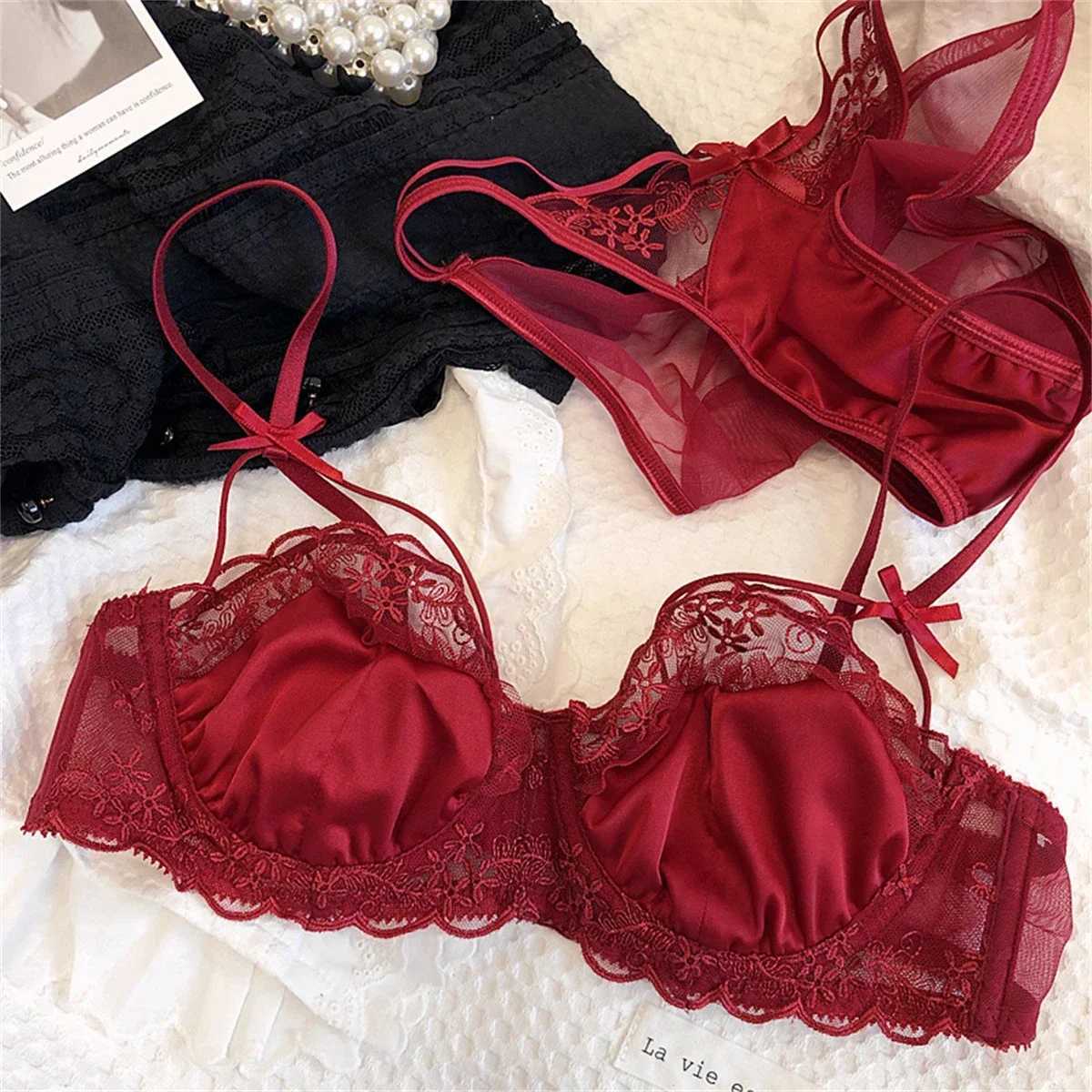 Romantic French Style Lingerie For Women Sexy Elegant Mesh Embroidery Ribbon Bowknot Lace Ruffle Silk Girls Underwear SetXJ241205