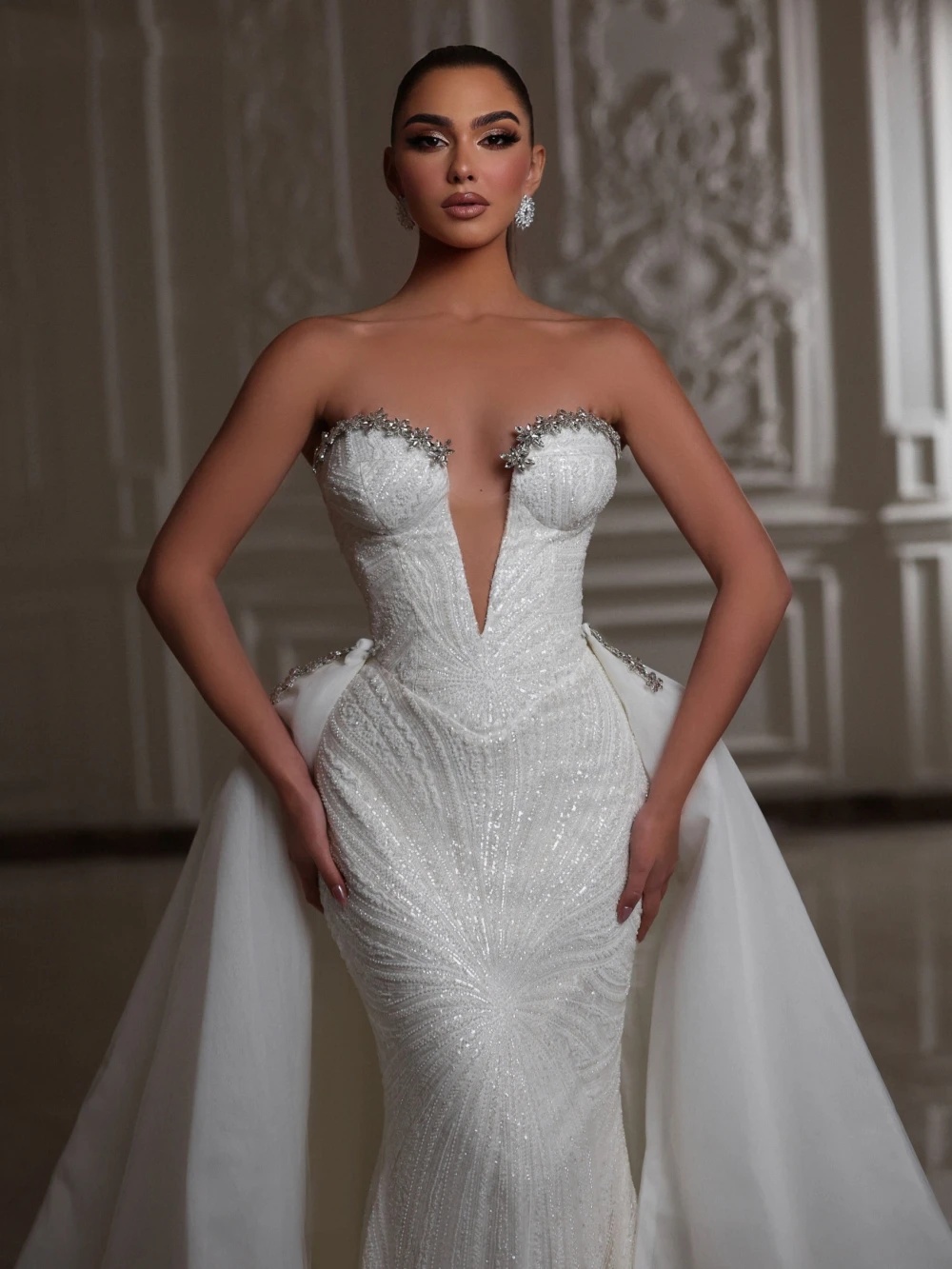 Deep V Neck Mermaid Wedding Dress Detachable Train Bride Robe Customized Sequined Rhies Bridal Gown vestidos de novia