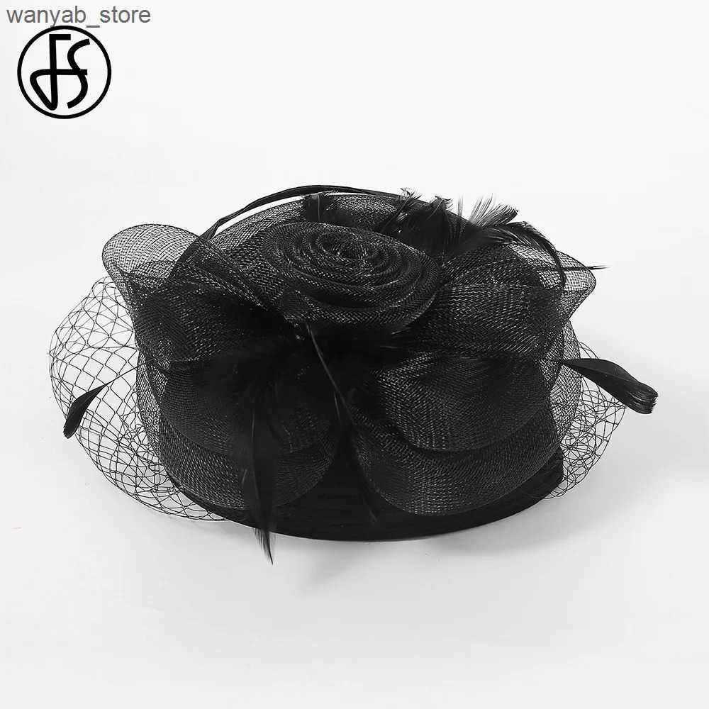 Cloches FS 2024 Wedding Church Red Hat Womens Feather Veil Cocktail Party Headwear Elegant Womens Kentucky Derby Hat L240910