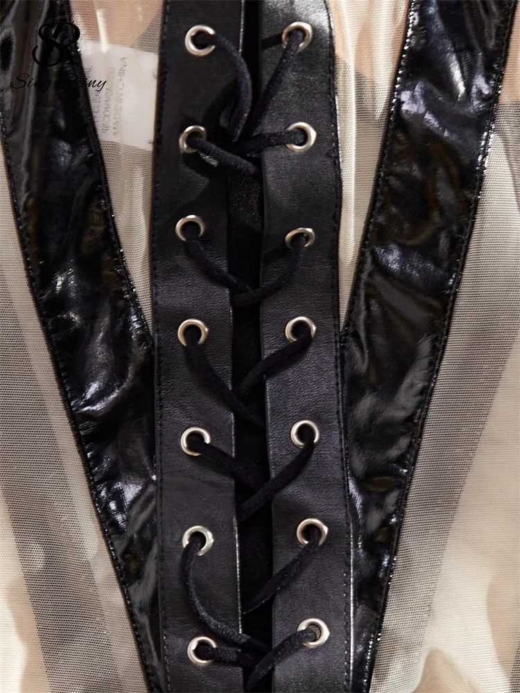 SINGREINY Leather Splicing Mesh Sexy Lingerie Sets Strap Sheath Sensual Shapewear Sheer Cross Bandage Porn Underwear SuitsXJ241205