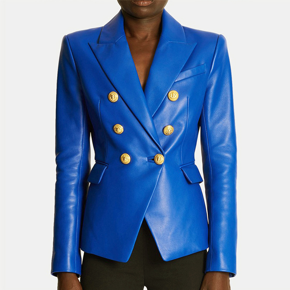 S-3Xl High Quality Fashion New PU Leather Fabric Double Breasted Long Sleeve Slim Fit Commuter Women's Suit Coat Blazer