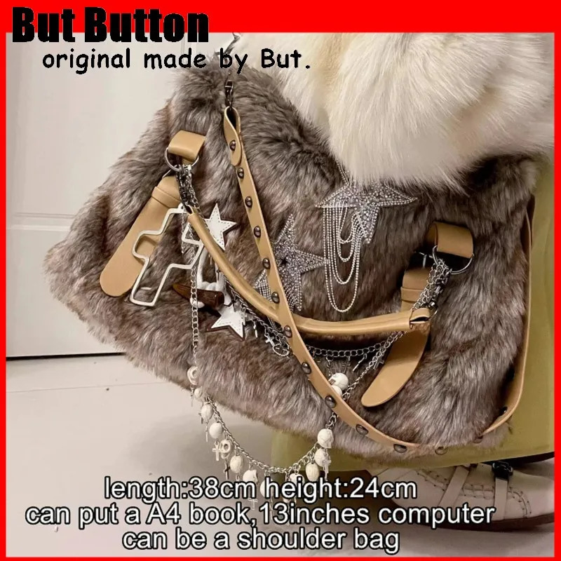 Gothic Lolita Y2K Punk Womens Harajuku Y2K Girls High Capacity Computer Bag Fur Underwear Shining Shoulder Bag Handbag 241205