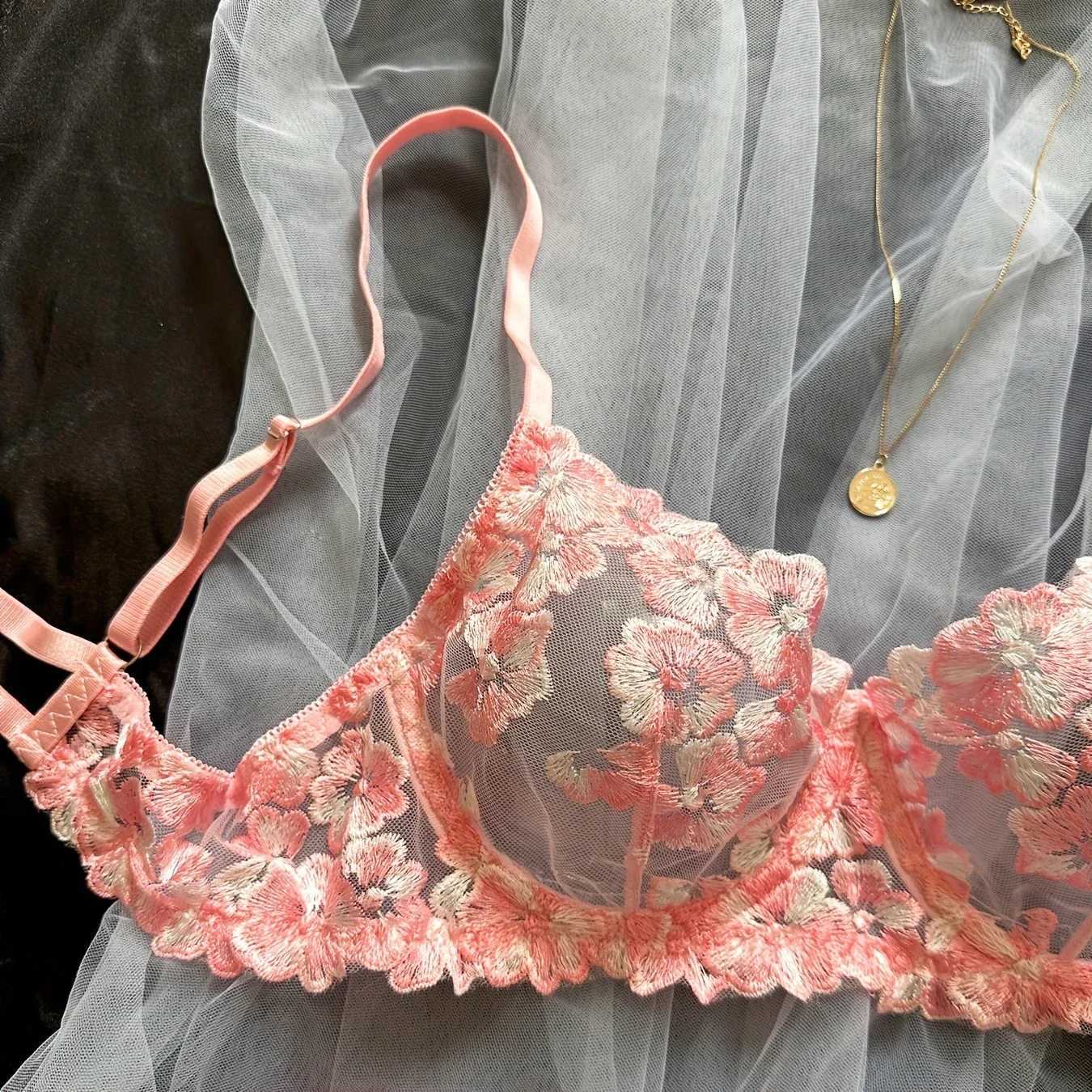 2Pcs Womens Sexy Push Up Bra Panties Lingerie Pink Floral Embroidery Underwear Set Transparent Briefs Short Low-waist Kits SweetXJ241205