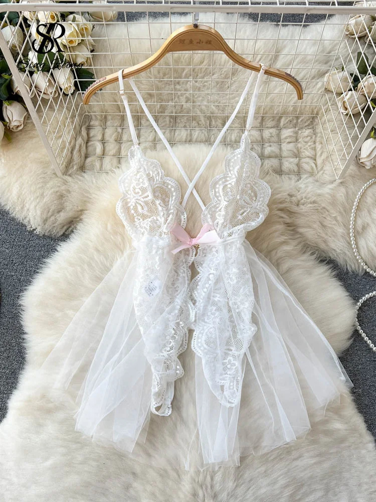 SINGREINY Sensual Shapewear Lace Lingerie Nightwear Women V-Neck Open crotch Slim Pajamas Summer Sheer Mesh Short Night Dress 241205