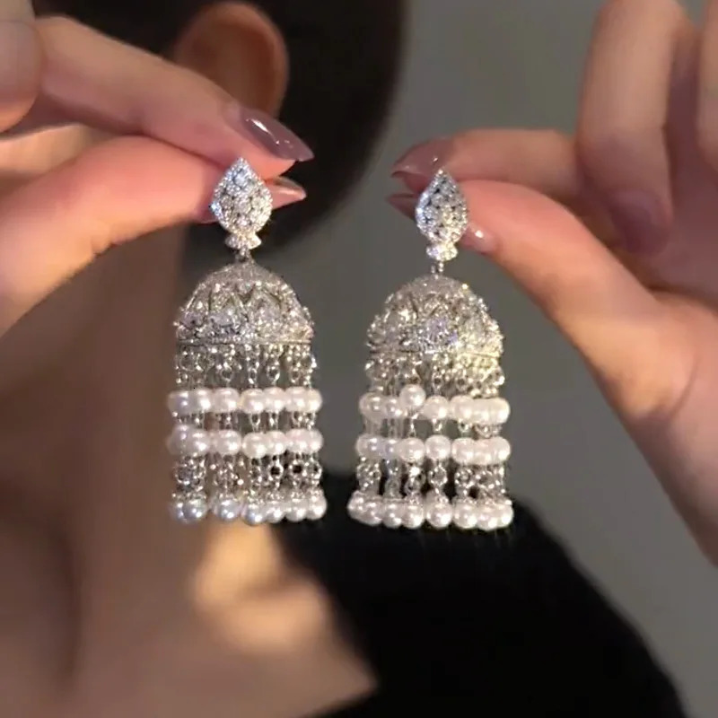 Fashion Silver 925 Jewelry Pendant Earrings Pearl Vintage Exquisite Tassel Long Pendant Womens Bohemian Banquet Exquisite Jewelry 241205