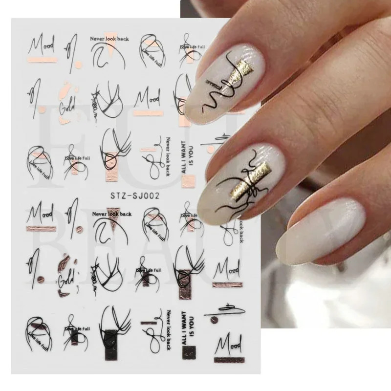 Heallor Graffiti Strip Nail Stickers Female Nail Art Decoration Rose Gold Abstract Line Spring 3D Slider 241205