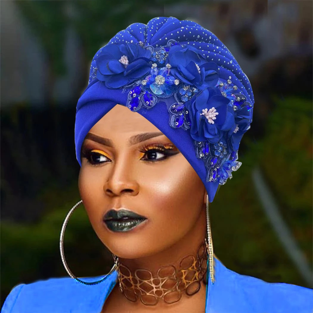 Elegant African Turban Cap with Shiny Rhinestone Ready to Wear Nigeria Auto Gele Headtie Party Womens Head Wrap Bonnet Turbante 241205