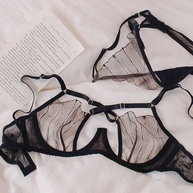 Cross Mesh Eyelash Lingerie Women Lace Steel Bra Hollow Out Underwear Set Deep V Push Up Bras underpant setXJ241205