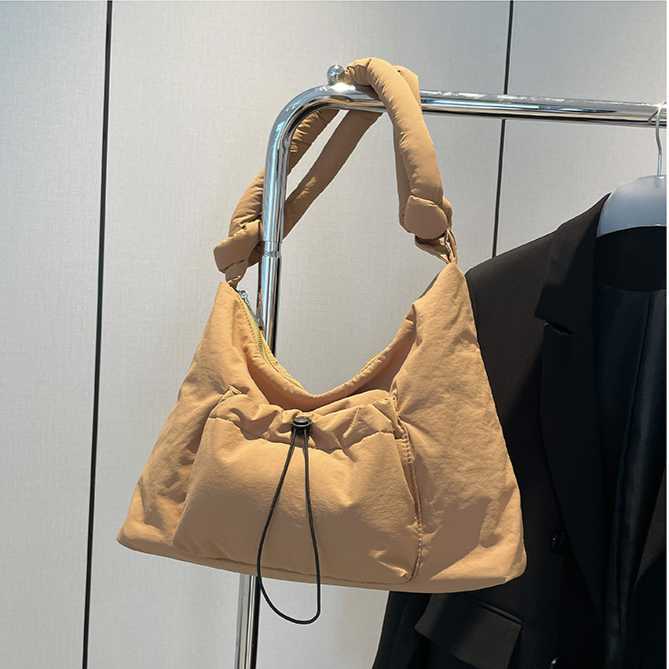 Casual nylon fabric single shoulder crossbody bag women, cotton clip, knottable shoulder strap handbag, cotton filled drawstring tote bag 241215